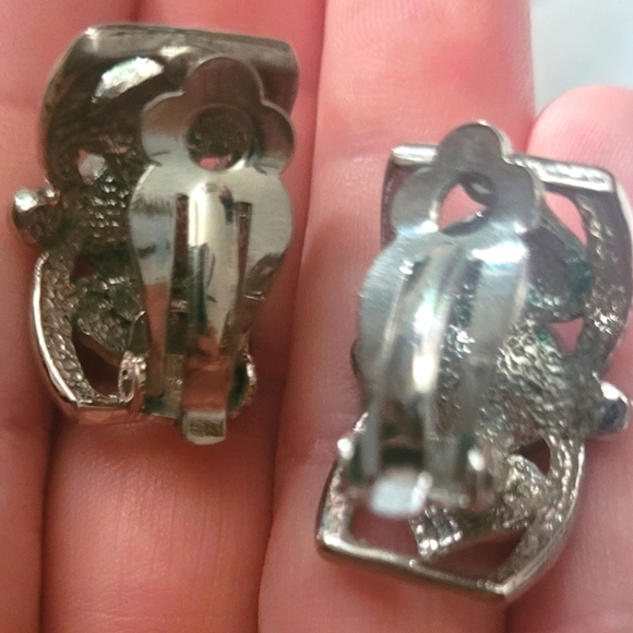 Earrings clip silver plated setting brilliant round cut cubic zirconia - Picture 2 of 3